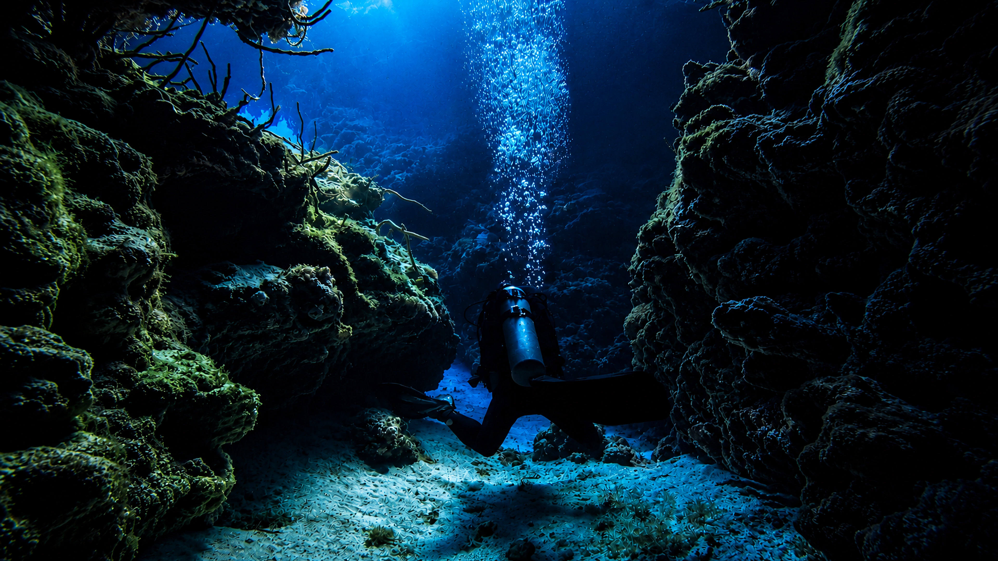 A diver and rising bubbles inside a narrow Palancar canyon
